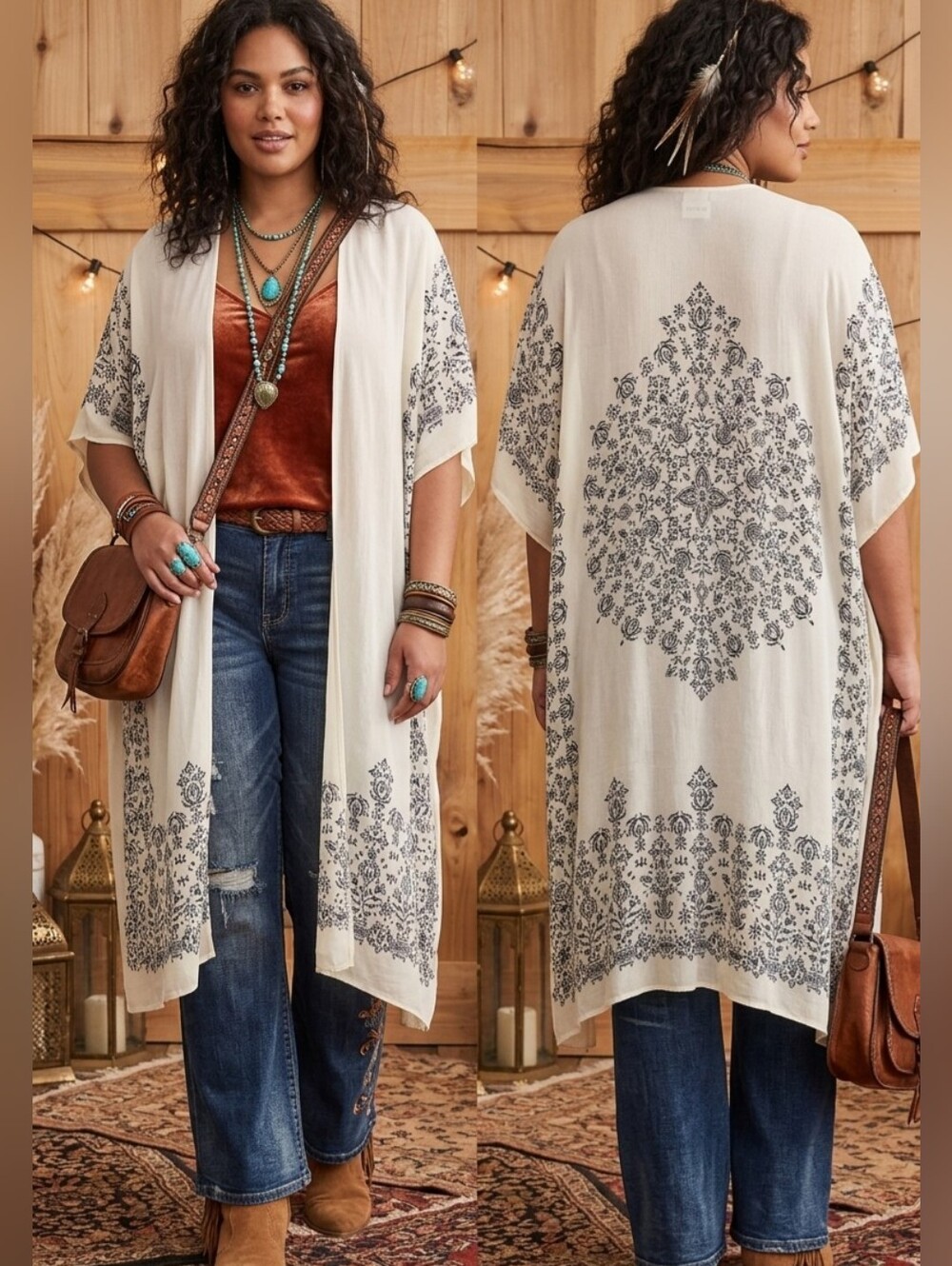 Cream Boho Printed Duster Kimono